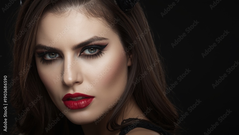 Fototapeta premium Close-up of a frightful demon-like beauty with Halloween makeup