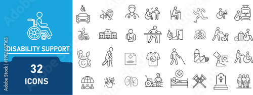 Disability Support line art icons set .Contains icon related to Wheelchair,  mental development,and physical and more. Editable Stroke. thin linear illustration.