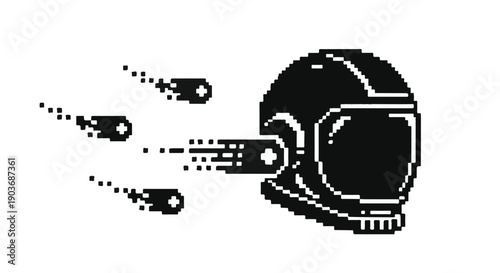 Astronaut helmet floats in space while small meteorites fly past the visor area.