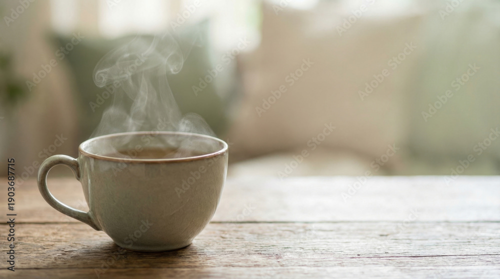 Fototapeta premium Steaming coffee hot drink ceramic cup wooden table morning light home interior warm beverage cozy mood soft focus natural light steaming coffee ceramic cup rustic wooden table with morning light
