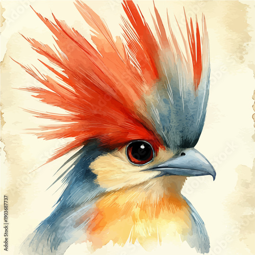 watercolor of Turaco Close Up, vector, isolated on a white background.