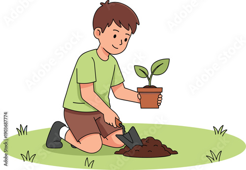 Cartoon person planting tree with trowel on grass, gardening activity promoting nature care, sustainability, and environmental responsibility for vector content