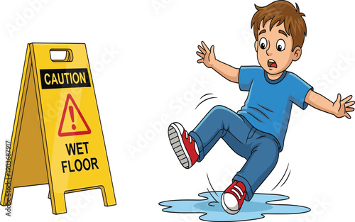 Cartoon, boy, slipping, wet floor, accident, fall, caution sign, safety, warning, hazard, puddle, danger, indoor, child, stumble, red shoes, blue clothes, emergency, awareness, prevention