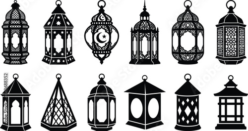 Islamic lantern silhouette collection featuring ornate Ramadan hanging lamps Arabic decorative lighting icons black vector set isolated white background religious festival design stock
