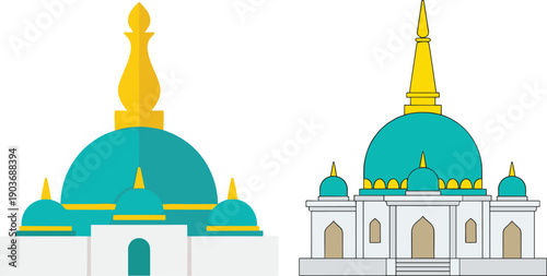 Islamic mosque dome and minaret illustration featuring modern flat design architecture, isolated on white background for religious, cultural and Islamic art projects