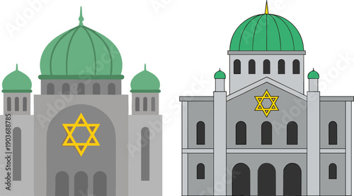 Jewish synagogue building illustration with green domes and Star of David symbols, isolated on white background for religion, culture and architectural design projects