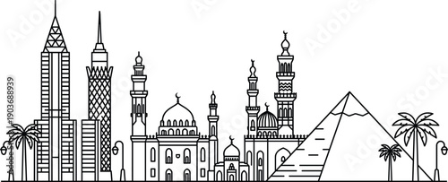 Middle East city skyline line art featuring modern skyscrapers mosque minarets and pyramids minimalist black outline vector illustration isolated white background travel architecture