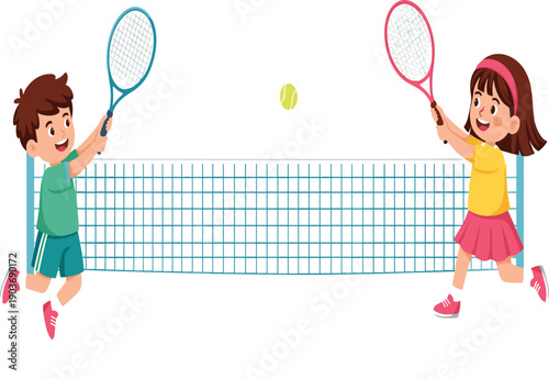Children playing tennis, active kids, sports activity, jumping action, tennis match, teamwork, outdoor fun, racket game, energetic movement, youth fitness