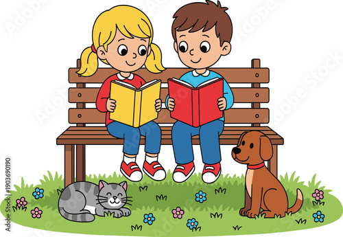 Children reading books on wooden bench with cat and dog in garden, peaceful cartoon illustration for education, friendship, nature, pets