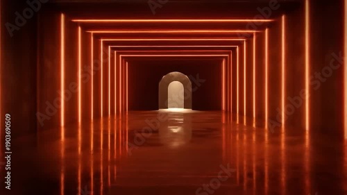 Geometric tunnel with glowing lines and reflection digital render