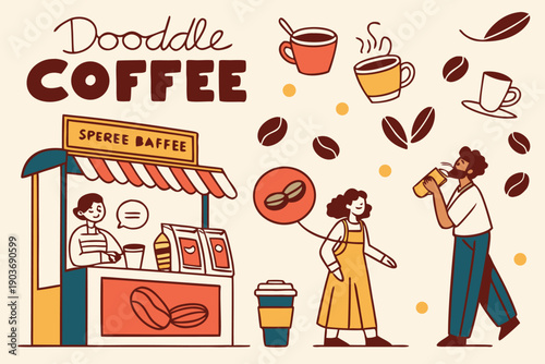 Coffee poster. Doodle coffee banner. Fun art with people drinking and enjoying drinks. Posters with cup, mug, espresso, coffee beans for cafe and shop. Vector set