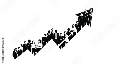 Dynamic illustration of diverse individuals forming an upward arrow, symbolizing collective business growth and success