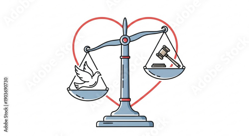 Balance between love and justice concept with scales and heart symbol