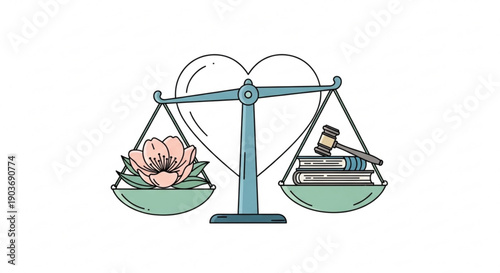 Balancing love and law with a flower and books on scales with a heart background