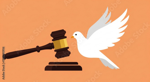 Dove flying near wooden gavel on stand against orange background symbolizing peace and justice system