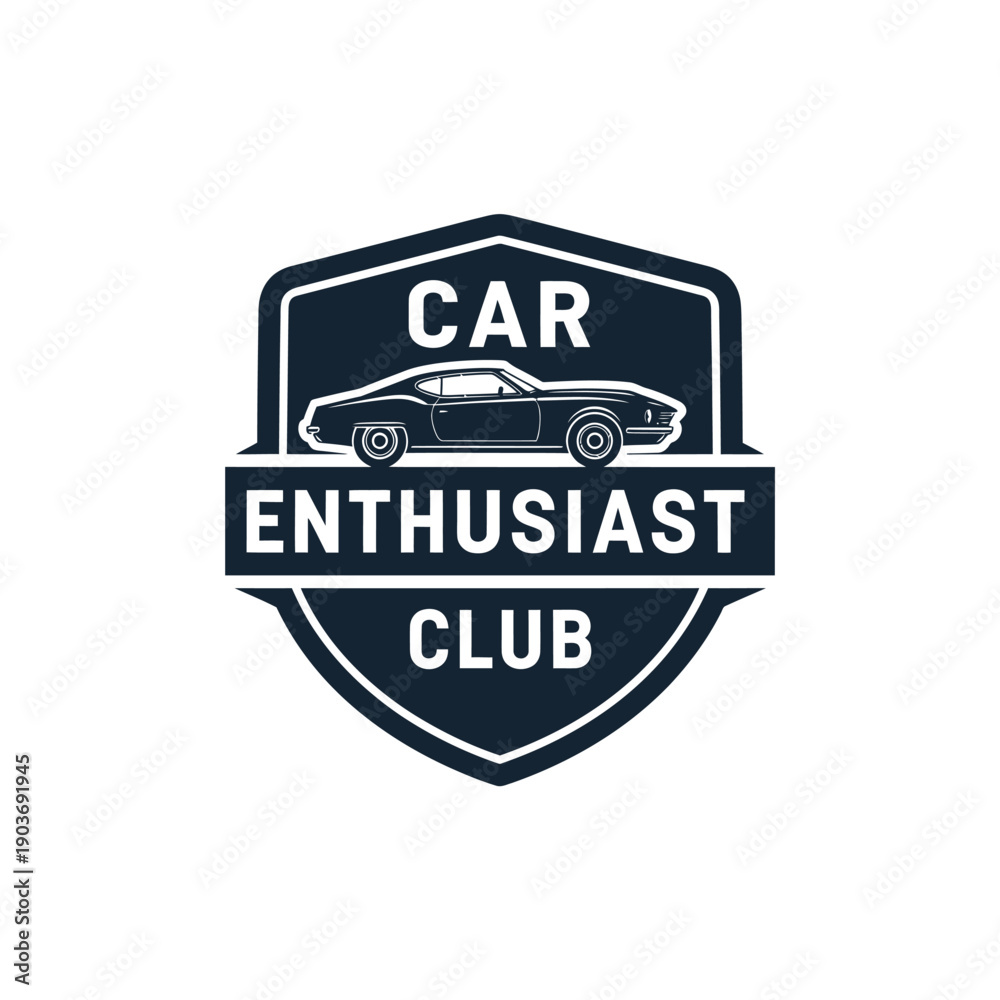 Obraz premium Car enthusiast club logo with vintage car and shield design