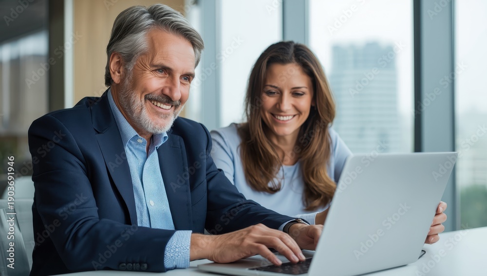 Obraz premium Older male executive and middle-aged female entrepreneur happily using a laptop