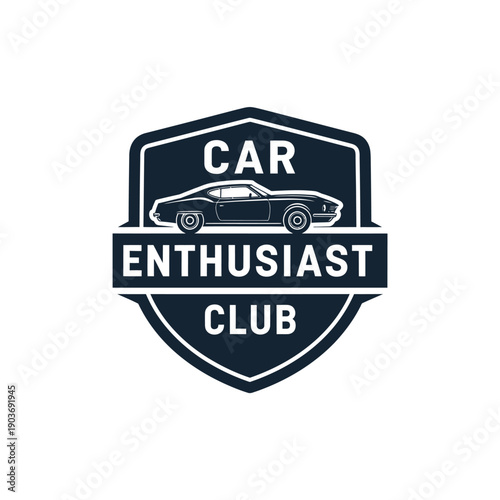 Car enthusiast club logo with vintage car and shield design