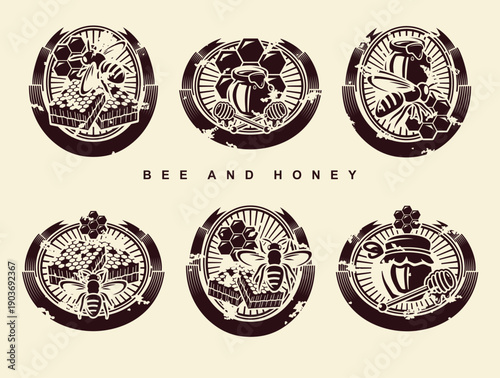 Honey and bee labels and elements set. Collection icon honey and bee. Vector
