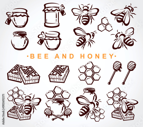Honey and bee labels and elements set. Collection icon honey and bee. Vector