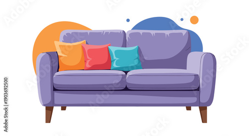 Modern purple sofa decorated with colorful orange, red, and blue cushions against an abstract background in a room.