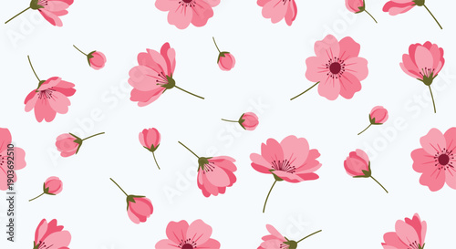 Delicate seamless pattern of pink cherry blossoms and buds drifting across a light blue background for spring themes.