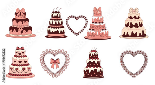 Collection of various tiered cakes and heart shaped frames in pink and brown shades for wedding and celebration designs.