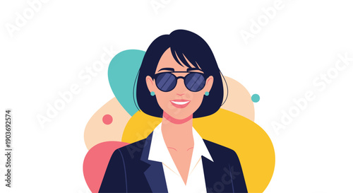 Portrait of a stylish young businesswoman with short dark hair wearing round sunglasses and a smart navy blue blazer jacket.