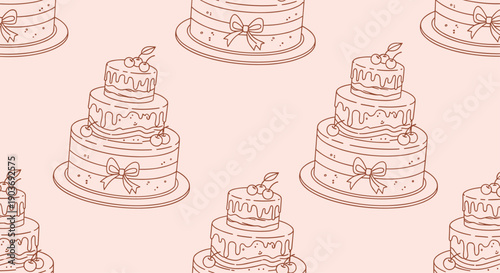 Sweet seamless pattern of three-tiered cakes decorated with cherries bows and dripping icing on a soft pinkish background.