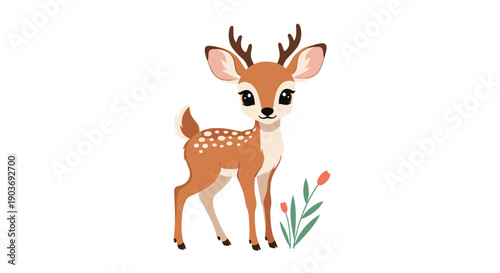 Adorable small fawn baby deer standing next to a tiny flower in a cute cartoon style illustration on white background.