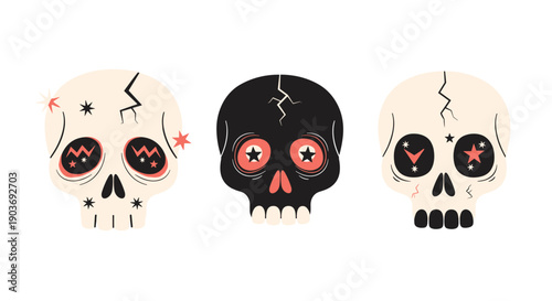 Three stylized decorative human skulls with stars and patterns in black beige and red colors for festive themes.