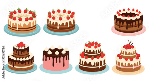 Set of various delicious cakes decorated with strawberries whipped cream and chocolate frosting for celebrations.