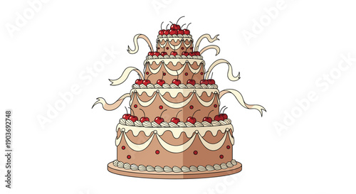 Grand four-tiered chocolate cake decorated with many red cherries and white ribbons for an extravagant event.