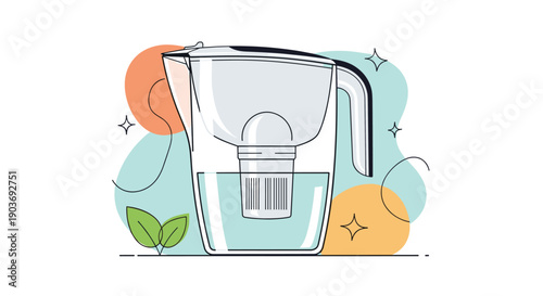 Modern water filter pitcher with a clear container and a white filter cartridge shown against an abstract background.