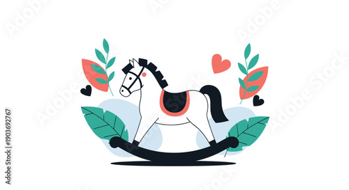 Traditional wooden rocking horse toy with black mane and red saddle surrounded by leaves and hearts.