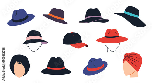 Collection of different types of hats and headwear including fedoras sun hats and caps in various colors.