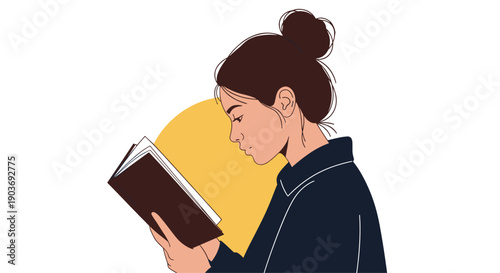 Profile of a young woman with a hair bun reading a book against a simple yellow sun-like circle background.