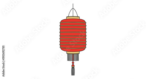 Traditional red chinese lantern with golden horizontal stripes and a long tassel hanging against a white background.