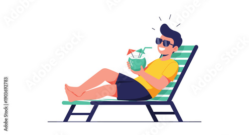 Young man in sunglasses relaxing on a beach lounge chair while holding a refreshing coconut cocktail with a straw.