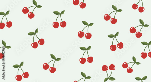 Cute seamless pattern of pairs of red cherries with green leaves on a soft light grey background for fruits.