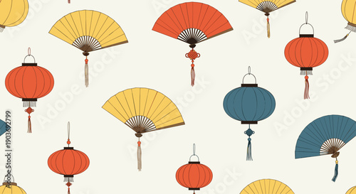 Seamless pattern featuring colorful traditional chinese lanterns and handheld fans on a light beige background.
