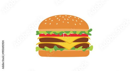 Tasty double cheeseburger with two beef patties melted cheese slices lettuce tomatoes and sesame seed bun on white background.