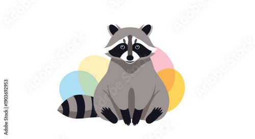 Cute cartoon raccoon with gray fur black mask and a striped tail sitting peacefully in front of colorful pastel circles.