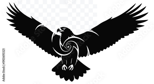 Soaring Eagle Silhouette with Abstract Spiral Motif, Emblem of Power and Agility