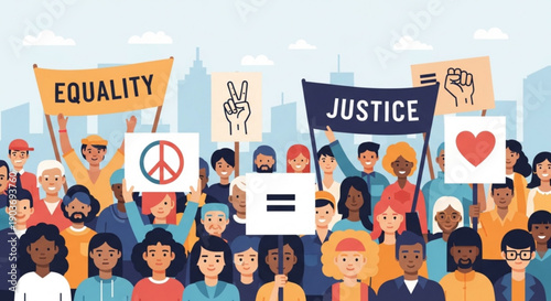 Diverse crowd holding signs for equality and justice in a peaceful protest with cityscape background