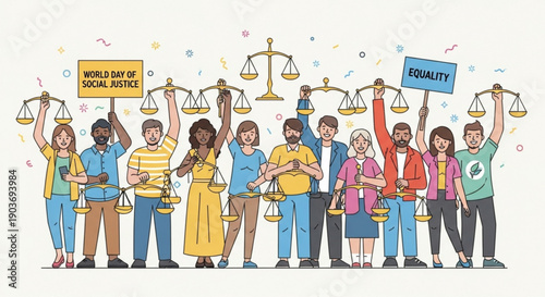 People holding scales and signs for social justice and equality in a colorful illustration