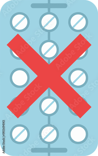 Pills in a blister pack marked with a large red cross indicating prohibition or warning