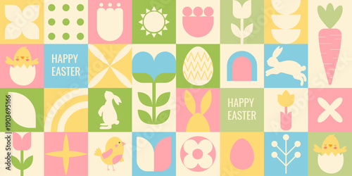 Horizontal geometric Easter banner with pastel colors, eggs and spring elements. Minimal modern design suitable for web, social media and print layouts.