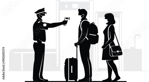 Airport staff checking traveler's temperature with thermometer
