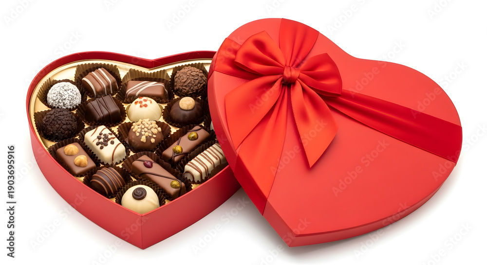 Fototapeta premium An inviting heart-shaped red box filled with various gourmet chocolates, perfect for valentine's day or a romantic gift